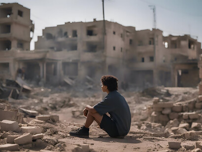 Young man sitting in the ruins of an old abandoned house 