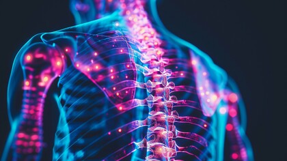 A digitally enhanced image of a human torso reveals the intricate network of bones and nerves in the spine, highlighting the crucial role of the lumbar region in supporting the upper body and emphasizing the internal structures related to lower back