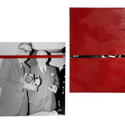 Closing Opening Photographs of James Callaghan and male dignitary at Jersey Police HQ2c with smiling artificial teeth partially covered with lipstick 2017, 18 x 17 cm + 21 x 16 cm. Courtesy of Ncontemporary 