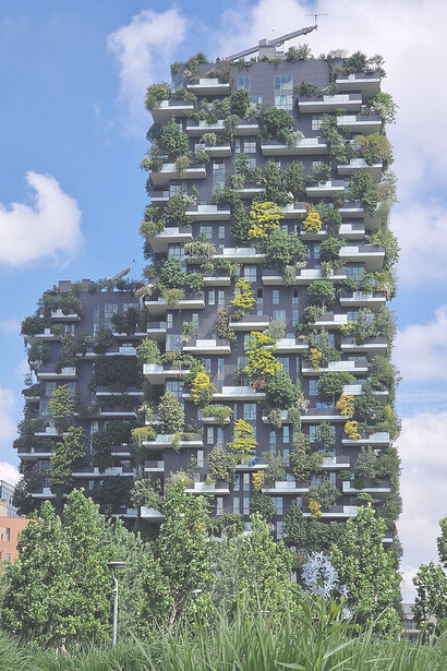 Bosco Verticale (Vertical Forest) in Milan, Italy features residential towers covered with over 20,000 trees and 9,000 plants, integrating greenery into the urban landscape