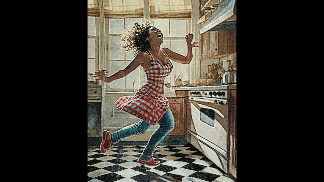 Akea Brionne, Dancing in the Kitchen #1, 2023, digitally woven jacquard, hot-fix crystals, poly-fil, yarn, 121.9x152.4 cm. Courtesy the artist and Lyles & King, NYC