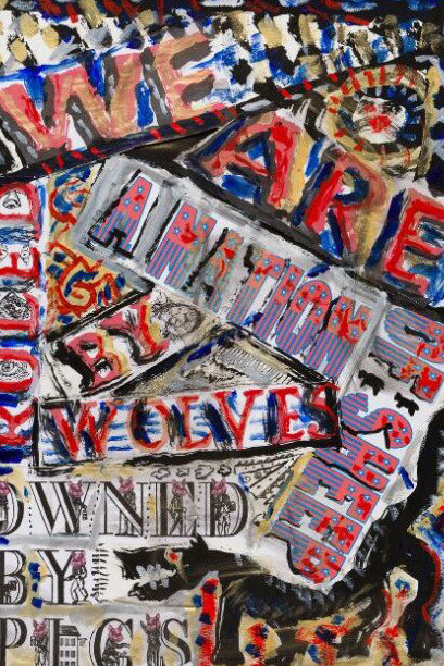 Phil Allen and John Yau, We are a nation of sheep ruled by wolves owned by pigs, 2023. Courtesy of Schneider Museum of Art