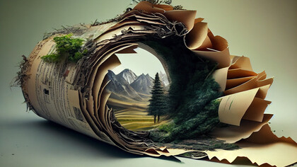 Un antiguo rollo de periódico que revela un paisaje natural: evocando la exploración del pasado y el presente en los estudios del Círculo de Filosofía de la Naturaleza