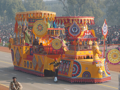The tableau of Orissa showcasing the artistic work of Pipli passes through the Rajpath during the Republic Day Parade