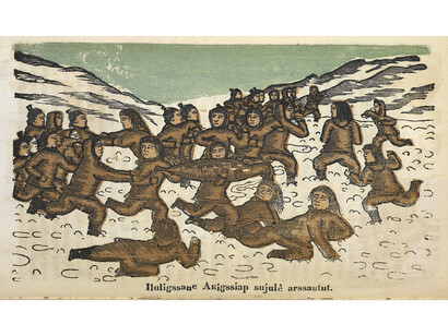 Kaladlit Oklluktualliait [Greenland Legends], Godthaab (1859 - 63) on display in Lines in the Ice - woodcuts of traditional Greenlandic Inuit stories, produced in the 19th century by an indigenous artist. Photography courtesy of the British Library