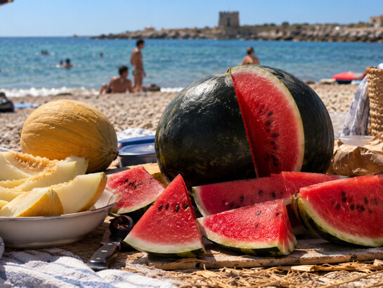 Estate al mare con frutta fresca di stagione: meloni e cocomeri, freschi e succosi