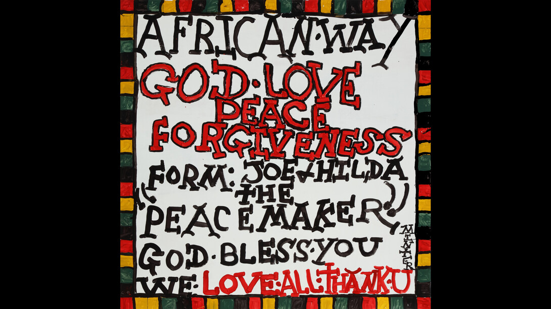 Joe Minter, Come Together In Jesus (A Gift, A Jewel, A Treasure, From Joe + Hilda, We Love All Of You), 2022, paint on wood panel, 48x48 inches. Courtesy the artist and March Gallery, NYC