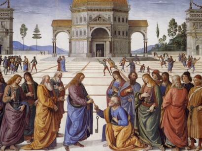 "Cristo consegna le chiavi a Pietro", Pietro Perugino, 1481 -83, affresco sulla parete nord della Cappella Sistina, Città del Vaticano