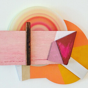 Andres Ferrandis, Eco, 2020, Wood, polycarbonate, found object, silkscreen, cardboard, oil and acrylic painting, 18 x 21 x 3.5 in.