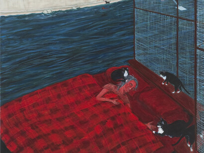 Sarah McEneaney, Dog Beach (detail), 2013, egg tempera on gessoed wood, 24 x 24 inches