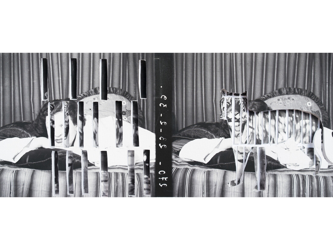 Yesmine Ben Khelil, Une femme, un tigre et une cage (III), 2015, Mixed media, 12h x 27w cm, Vintage image sourced from Beit el Bennani, courtesy of the artist and Selma Feriani Gallery