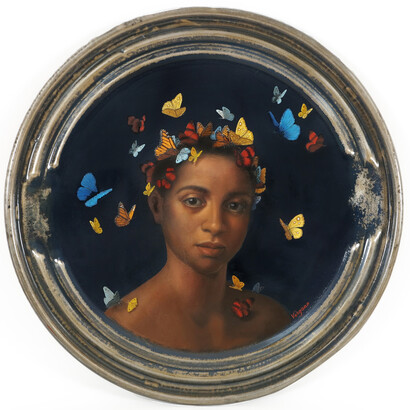 Laws of Attraction XLI, 2014, Oil on steel, 23 inches;
58.42 cm diameter, Signed LR