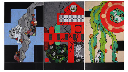 Marianna Bussola, tre Arcani Maggiori. Da sinistra: Il Papa, L’Appeso, Il Sole (2022), acrilici e matite su tela 40x70 cm 