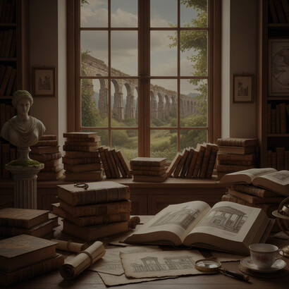 A scholar’s study filled with books and architectural sketches, overlooking ivy-covered ruins that blur the boundary between research and lived history