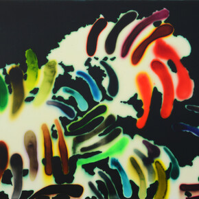 Jaq Chartier, Floaters, 2015, Acrylic resin, stains, spray paint on wood panel, 32 x 44 inches