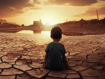 A lone child sits on cracked, barren earth beneath a fading sky, a haunting reflection of a world paralyzed by environmental collapse and systemic inaction