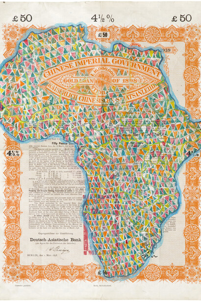 Hew Locke, Chinese Imperial Gold Loan 7, 2014, acrylic on share certificate, Image courtesy of the Artist and Hales Gallery, London, Copyright of the Artist