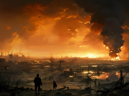 Silhouettes walk through a scorched wasteland where violence has painted the sky with fire
