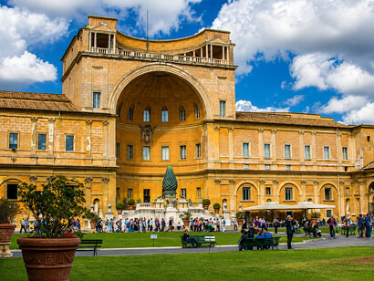 The Pinecone Courtyard, located within the Vatican Museums in Vatican City, is one of the first areas visitors encounter during their visit. This spacious open-air courtyard serves as a central hub connecting several of the museum's corridors and gallerie