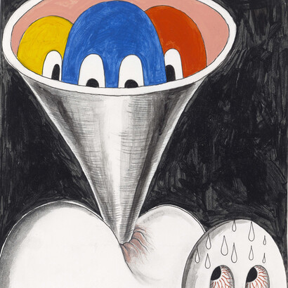 Trenton Doyle Hancock, Fun Hole Funnel, 2010, Acrylic, mixed media on paper, 13 x 12 inches. Courtesy the artist and James Cohan Gallery, New York