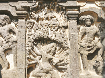 Ellora, Cave 16, illustrating Ravana shaking Mount Kailasa, is located within the Ellora site in Maharashtra, India, a Rashtrakuta-era complex celebrated for its grand rock-cut caves