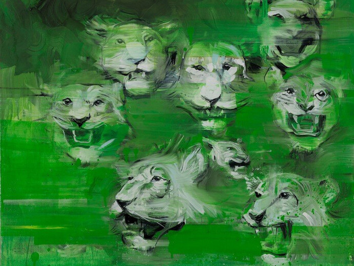 Radek Szlaga, Lions (Trophies 2), 2015, Huile sur toile © Galerie Laure Roynette - Radek Szlaga