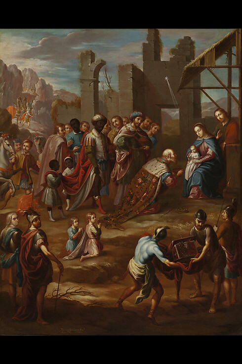 The Adoration of the Kings with Viceroy Pedro de Castro y Figueroa, Duke of La Conquista (La adoración de los reyes con el virrey Pedro de Castro y Figueroa, duque de la Conquista), Nicolás Enríquez (Mexican, 1704–1790), 1741, Mexico, Oil on copper (Óleo sobre cobre), 41 5/16 × 32 7/8 in. (105 × 83.5 cm). Courtesy of Los Angeles County Museum of Art, Purchased with funds provided by Kelvin Davis, Lynda and Stewart Resnick, Kathy and Frank Baxter, Beth and Josh Friedman, and Jane and Terry Semel through the 2012 Collectors Committee (M.20121.38.2)