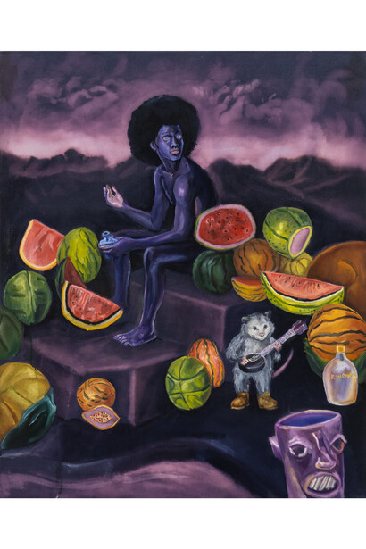 © Anthony Peyton Young; “Earthly Delights: Unexpected Friendships,” 2023; bleach, black 3.0, and oil on canvas; 30x24 inches. Courtesy of Clamp Gallery, New York