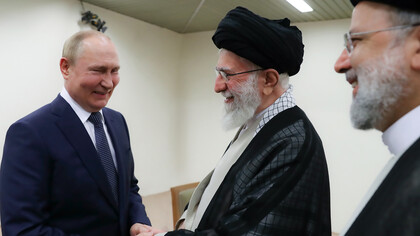 A picture of the meeting of Russian President Vladimir Putin with Ayatollah Khamenei, the leader of the Islamic Revolution of Iran