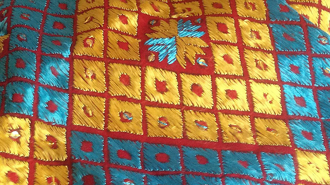 Contemporary Phulkari design and embroidery at retail dealer's store in Patiala, Punjab (India), 2015
