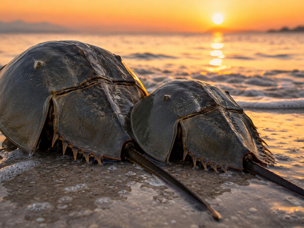 Horseshoe crabs resting together against the evening tide, representing inseparable bonds shaped by love 