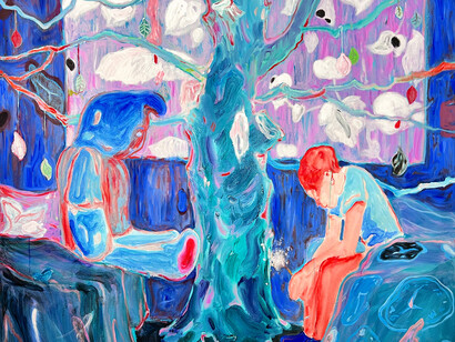 Xi Zhang,
The Staring Contest (detail), 2022-2023.
Acrylic on canvas,
60 x 72 in (152.4 x 182.9 cm). Courtesy of the artist and Marc Straus Gallery