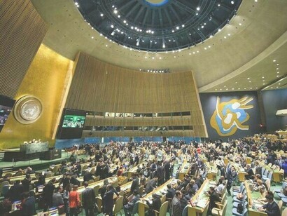 El salón de la Asamblea General de la ONU en la ciudad de Nueva York, EE.UU.