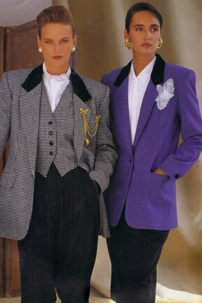 Professional women in power suits with skirts and trousers, showcasing 1980s fashion and workplace empowerment