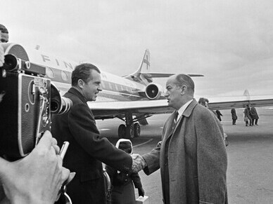 In April 1965, Embassy Councillor Roy S. Ingram welcomes former U.S. Vice President Richard Nixon during his visit to Finland