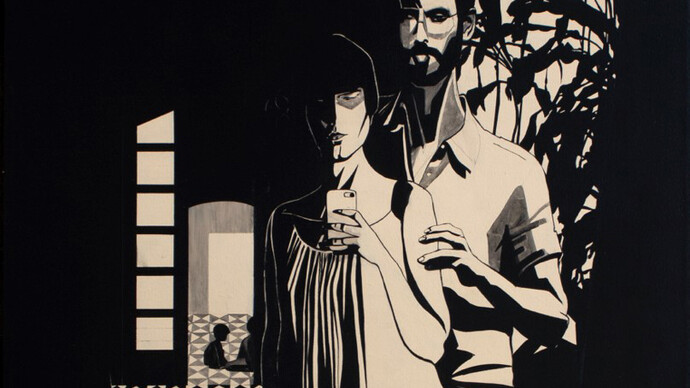Hulda Guzmán, "- How high are you? - Yes" (detail), 60" x 60", 2014, acrylic on canvas