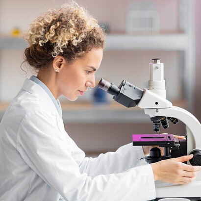 Cientista analisando amostra no microscópio 

As microesferas foram observadas no soro e em todos os três tecidos isolados