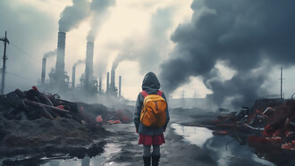 A factory emitting CO2 pollution contrasts with a young girl walking to school on a polluted, dirty road, illustrating the impact of global warming