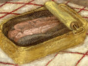 Plum Cloutman, Sardines, 2023, pastel, watercolor pencil and oil on paper, mounted on board, 5x7 inches, copyright the artist. Courtesy the artist and M+B Art, LA