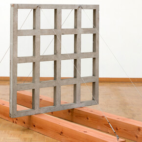 Robert Hudson, Window, 1970, wood, cement, glass, steel cable, 64 x 120 x 56 inches © Robert Hudson, Courtesy of Brian Gross Fine Art    
