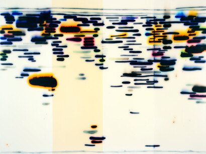 Jaq Chartier, Strands, 2015, Acrylic resin, stains, spray paint on wood panel, 32 x 40 inches