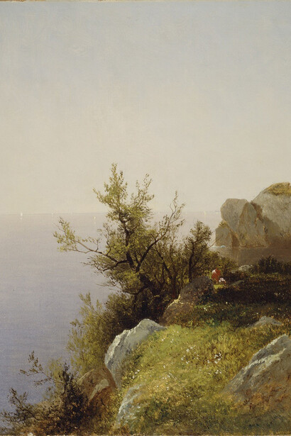John Frederick Kensett
American, 1816‒1872
Water Scene
ca. 1860s
Oil on canvas
18 1/8 x 14 7/8 in. (46.0 x 37.8 cm)
Sidney and Lois Eskenazi Museum of Art, William Lowe Bryan Memorial