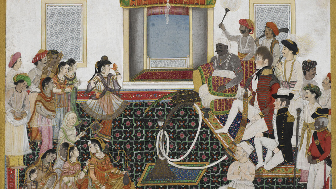 Anonymous Delhi School, Mahadaji Sindhia entertaining a British naval officer and military officer with a Nautch c. 1815-20, Watercolour on paper, 222 x 317 mm, British Library
