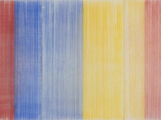 G.T. Pellizzi, “Snap Lines in Red Yellow and Blue (Figure 1)”, 36” by 66” (3), powdered pigment/canvas, 2013, Courtesy: Mary Boone Gallery, New York