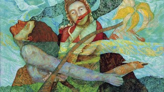 Agostino De Romanis. In braccio alla divinità, 2002, olio su carta rintelata, cm. 60x80 