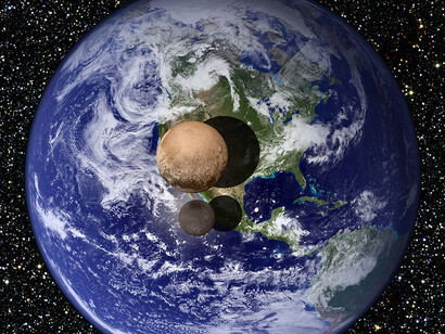 Montaje en el que se compara el tamaño de la Tierra con el de Plutón y su luna Caronte