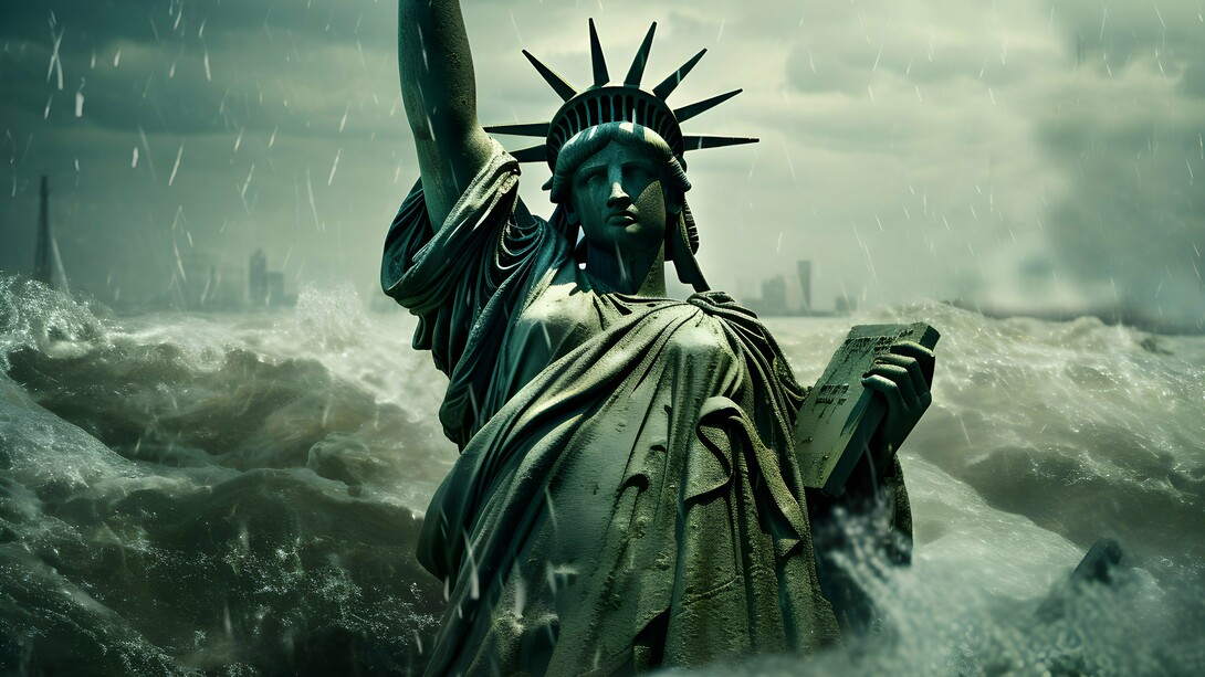 The Statue of Liberty sinks beneath stormy seas, a stark symbol of a republic drowning in tyranny, decay, and the collapse of its founding ideals