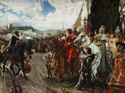 This scene portrays the Spanish monarchs Ferdinand and Isabella accepting the surrender of Granada, with the Alhambra in the background, from the last Muslim Sultan in 1492. (The Capitulation of Granada by Francisco Pradilla y Ortiz, 1882). Palace of the Senate, Madrid