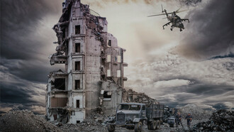 Ruins of a war-torn area, with military helicopter flying overhead