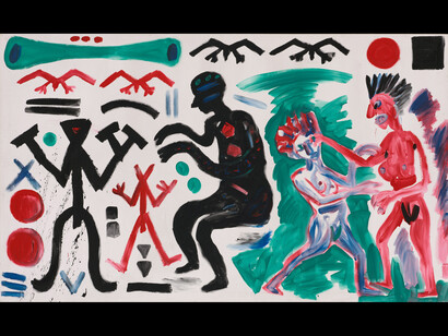 “Vorwärts zum 38. Parteitag (Onward to the 38th Party Congress)”, 1983, Acrylic on canvas, 70 3/4 x 118 inches, 180 x 300 cm. Courtesy Michael Werner Gallery, New York and London